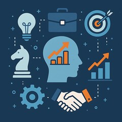 Illustration showing business strategy with a head silhouette, graphs, handshake, target, and chess piece.