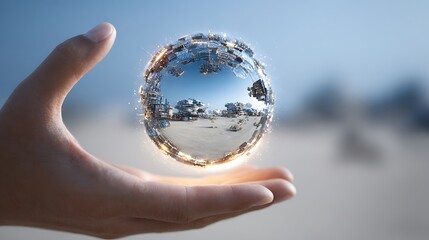 Hand Holding Futuristic Sphere on Desert Landscape