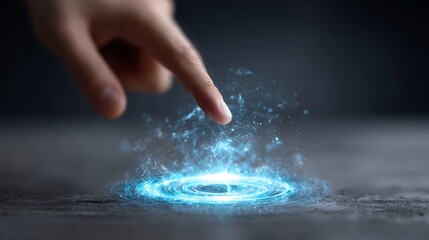 Finger Touches Blue Light Swirl on Surface