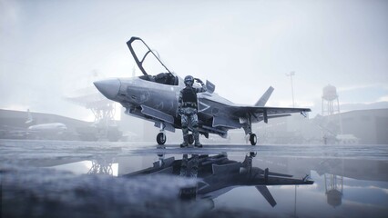 Military american pilot. American fighter jet. 3d rendering.