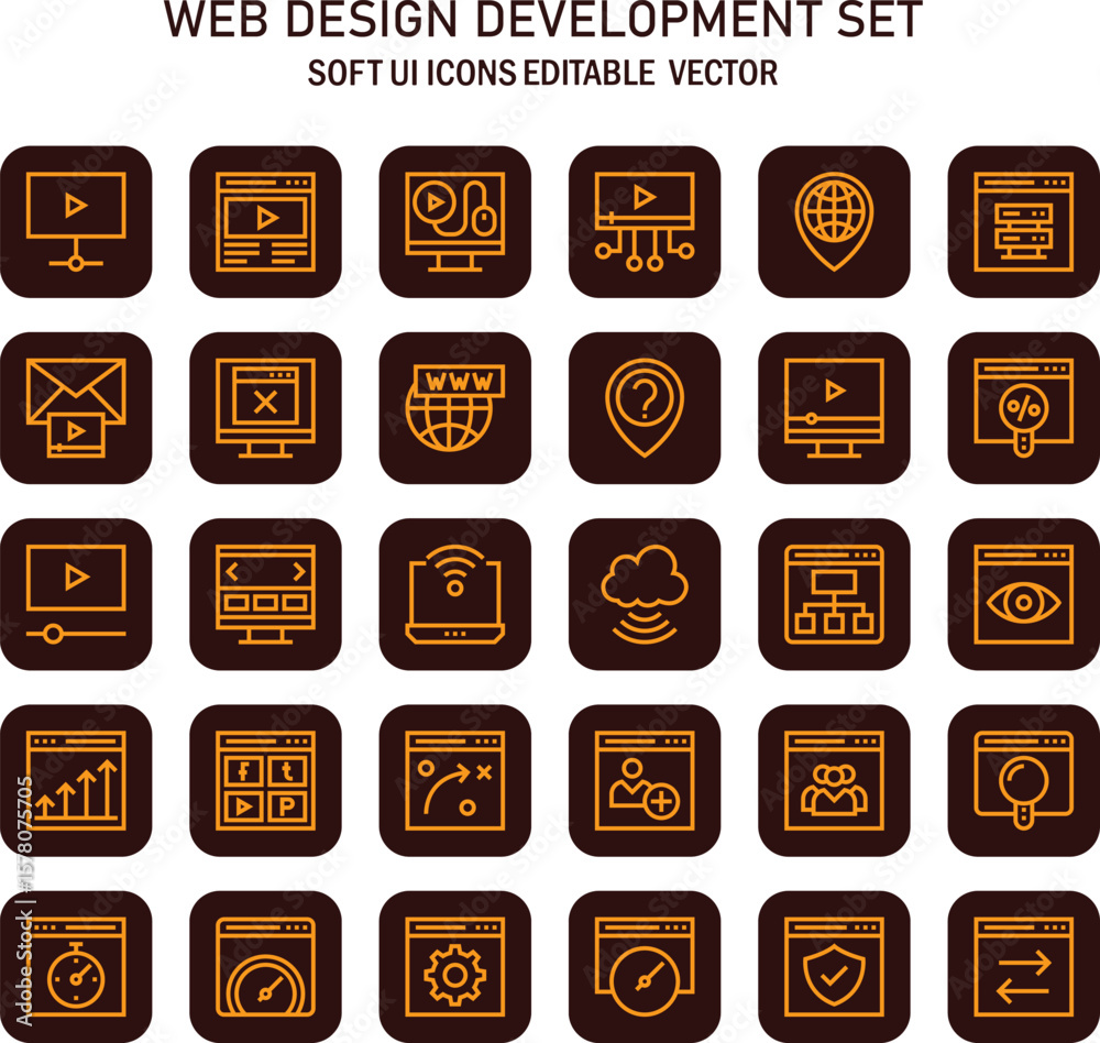 Poster Comprehensive soft ui icon set showcasing web design and development concepts for digital interfaces and applications