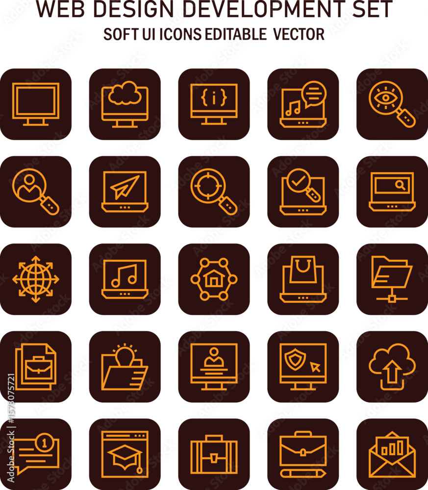 Poster collection of soft user interface icons presenting web development process in a modern style showcas