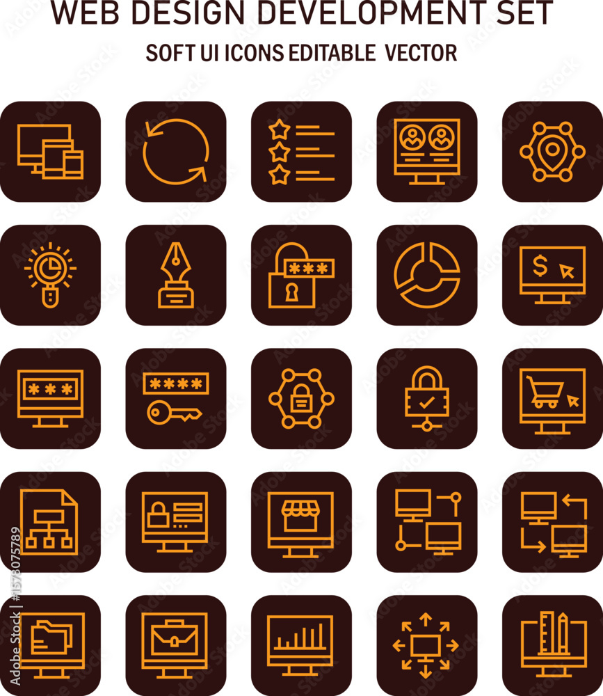 Poster Comprehensive web design and development elements collection, highlighting soft user interface editable vector icons