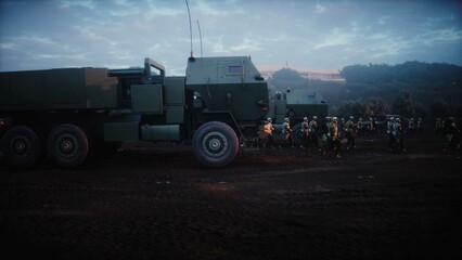 American High Mobility Artillery Rocket System in a ruined city. 3d rendering.