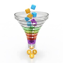 Colorful Funnel With Blocks And Golden Coins Illustrating Sales Process And Financial Concepts On White Background