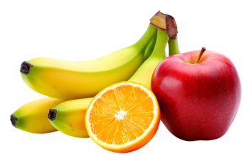 Fresh bananas apple and orange slice fruit medley isolated on transparent background