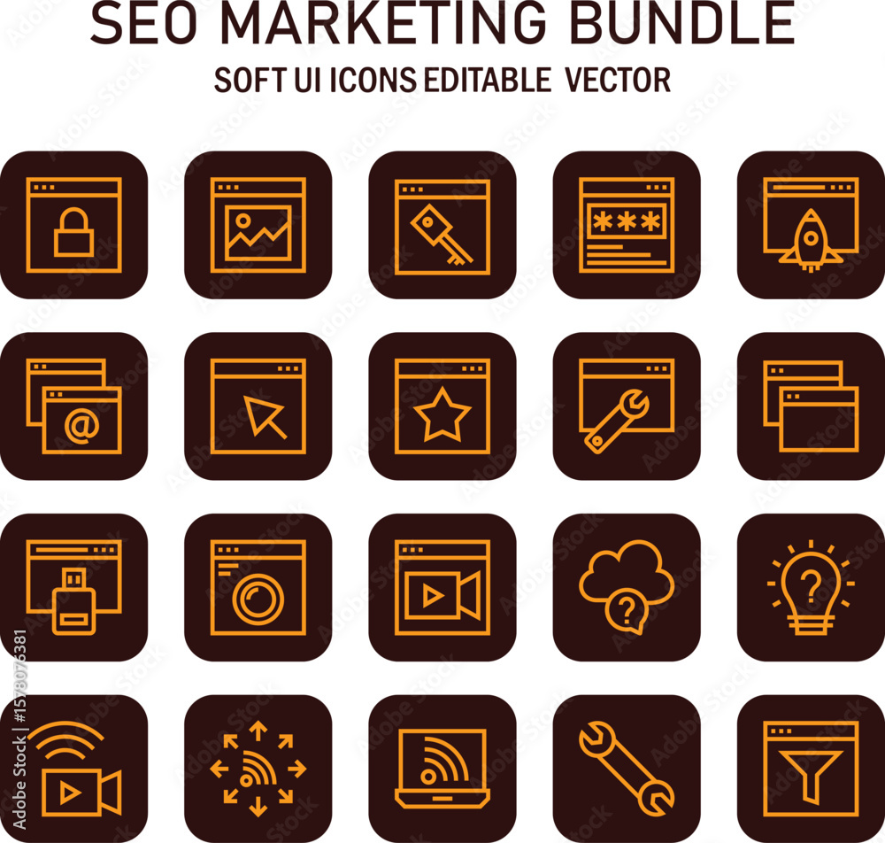 Poster abstract soft user interface icons displaying various aspects of seo marketing bundle concepts and s
