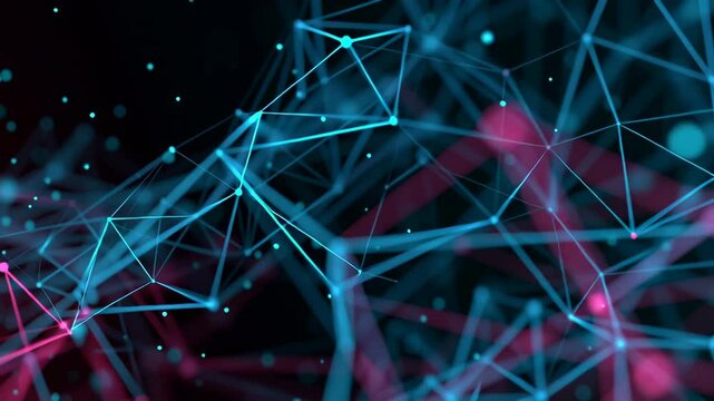 abstract low poly wireframe landscape with neon glowing lines, dynamic motion background, futuristic communication concept, dark tech ambiance, cinematic lighting