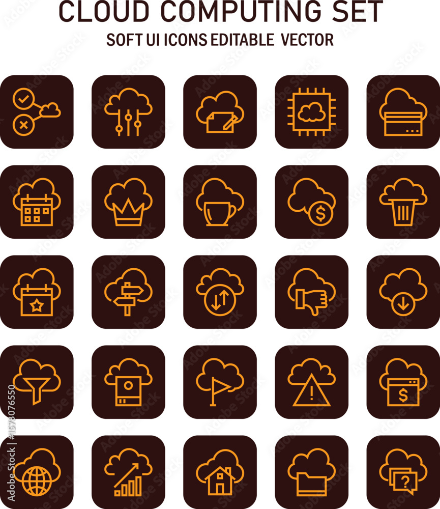 Poster extensive cloud computing icon collection with modern design and soft user interface elements, suita