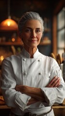 close-up, senior female chef in uniform, arms crossed confidently, commercial kitchen in background, warm light, authentic expression, culinary tools visible, high resolution, ultra-realistic