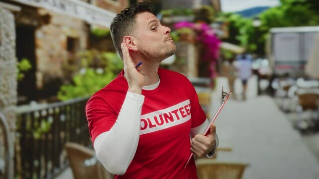 Volunteer man listens attentively holding clipboard in vibrant urban street setting featuring colorful backgrounds and casual atmosphere on a sunny day reflecting community spirit.