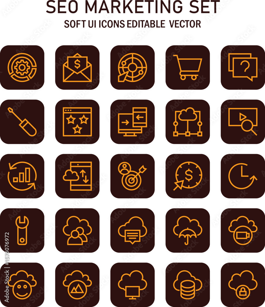 Poster comprehensive collection of vector icons representing concepts in search engine optimization and onl
