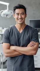 close-up, Asian male dentist in medical scrubs, dental chair and tools visible in clean clinic background, gentle reassuring smile, clinical lighting, sharp focus