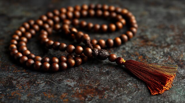 Authentic Buddhist mala prayer beads made of rosewood 108 beads knotted string tassel end spiritual meditation tool handcrafted design cultural realism flatlay stone background
