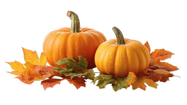 Autumn pumpkins with colorful leaves isolated on tranparent background 