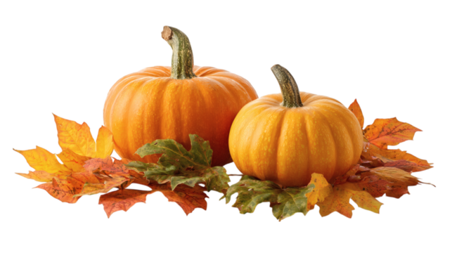Autumn pumpkins with colorful leaves isolated on tranparent background