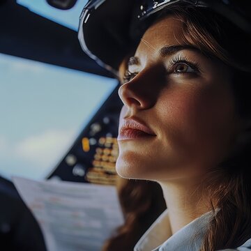 Closeup of a female pilot checking a flight chart Focus on face and chart