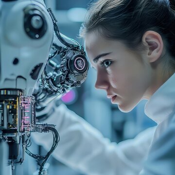 Closeup of a female robotics engineer tweaking a robot arm Focus on face and robot