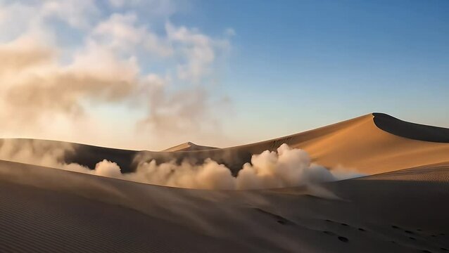Sand dunes with dust clouds under a blue sky