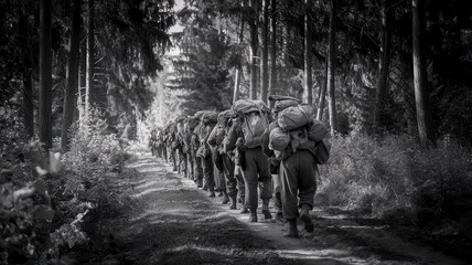 Monochrome depiction of Soldiers in formation hiking through a dense forest