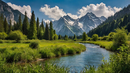 natural scenery background, blue sky mountains, beaches, lakes, forests, beautiful waterfalls