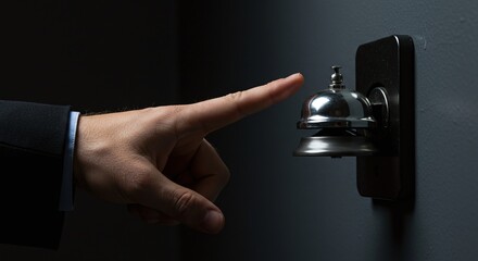 Person Pressing Silver Service Bell on Wall in Indoor Setting