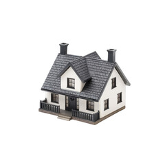 A miniature model of a two-story house with a gray shingle roof, white walls, two chimneys, and a small porch