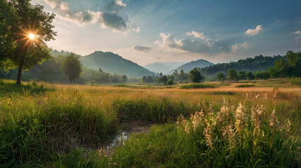 natural scenery background, blue sky mountains, beaches, lakes, forests, beautiful waterfalls