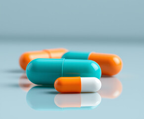 Capsules of medicine in orange, teal and white provide a feeling of wellness and healing in a healthcare setting featuring colorful pills.