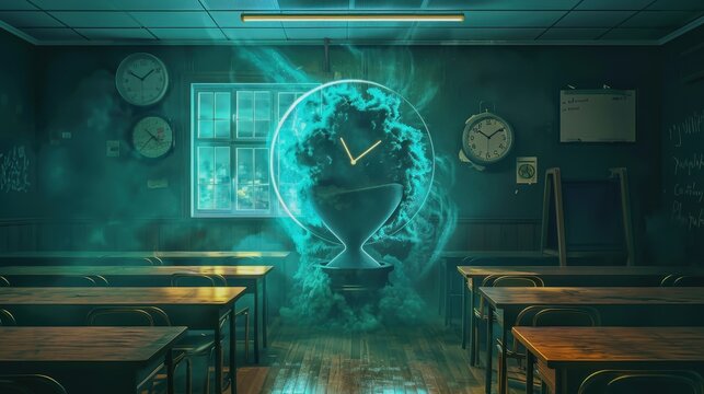classroom clock melting into a meditation hourglass mindfulness