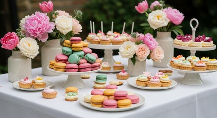 Elegant Outdoor Dessert Table with Pastel Macarons, Cupcakes, and Peonies