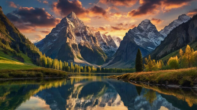 natural scenery background, blue sky mountains, beaches, lakes, forests, beautiful waterfalls