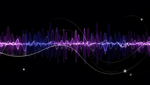 A graphic equalizer shows fluctuating purple and blue sound waves