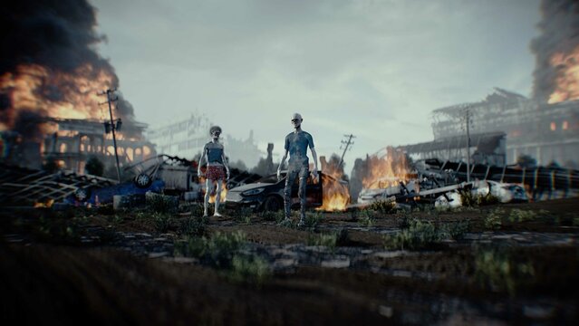 Zombie in apocalyptic burning city. Armageddon. 3d rendering.