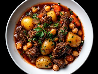 A delicious bowl of hearty stew featuring tender beef, potatoes, carrots, and chickpeas, garnished with fresh herbs. Perfect for a comforting meal any time of the year.