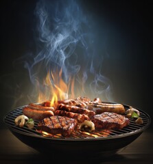 Grilled Meat and Sausages on a Charcoal Grill with Flames and Smoke
