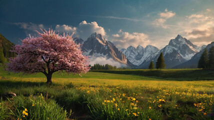 natural scenery background, blue sky mountains, beaches, lakes, forests, beautiful waterfalls
