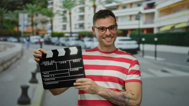 Handsome young man holding clapperboard in urban street setting wearing glasses and red striped shirt conveying filmmaking and creative expression outdoors.