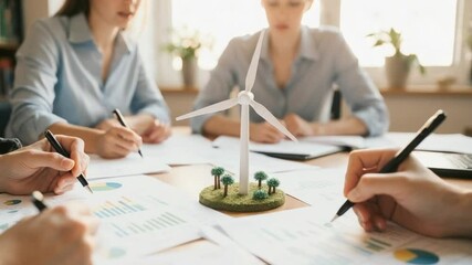 Business team collaborating on renewable energy project with wind turbine - Powered by Adobe