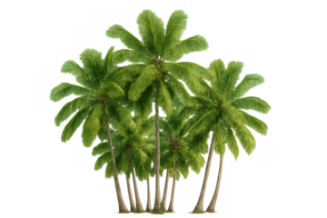 Verdant coconut palms forming tropical paradise scene, isolated on transparent background, ideal for design layouts