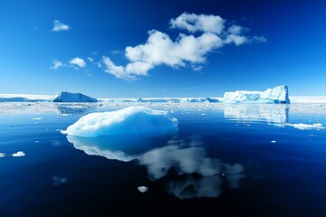 A serene view of floating icebergs in crystal-clear blue water under a bright sky with fluffy clouds, showcasing the beauty and tranquility of nature in polar regions.