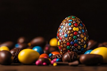 A vibrant chocolate egg surrounded by colorful candy-coated chocolates and vibrant treats, perfect for celebrating Easter or any festive occasion, showcasing irresistible sweetness