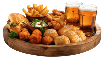 Beer snack platter on wooden tray with fried items, isolated on tranparent background 