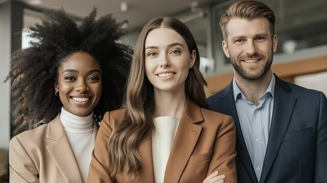 Diverse business team of three professionals smiling confidently