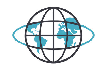 Obraz premium Rotating Globe Icon: A stylized globe icon with a rotating orbit, symbolizing global connection, international communication, and worldwide reach.