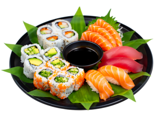 Assortment of fresh sushi and sashimi on a black plate isolated on transparent background