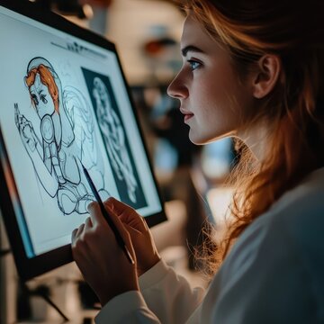 Closeup of a female animator working on a digital sketch Focus on face and sketch