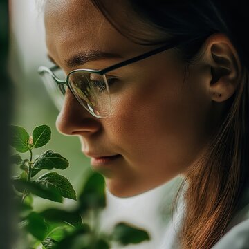 Closeup of a female botanist examining a rare plant Focus on face and plant