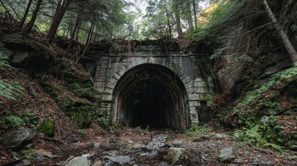 Mysterious abandoned tunnel in dense forest with moss-covered rocks