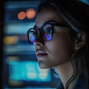 Closeup of a female meteorologist reviewing weather data Focus on face and data